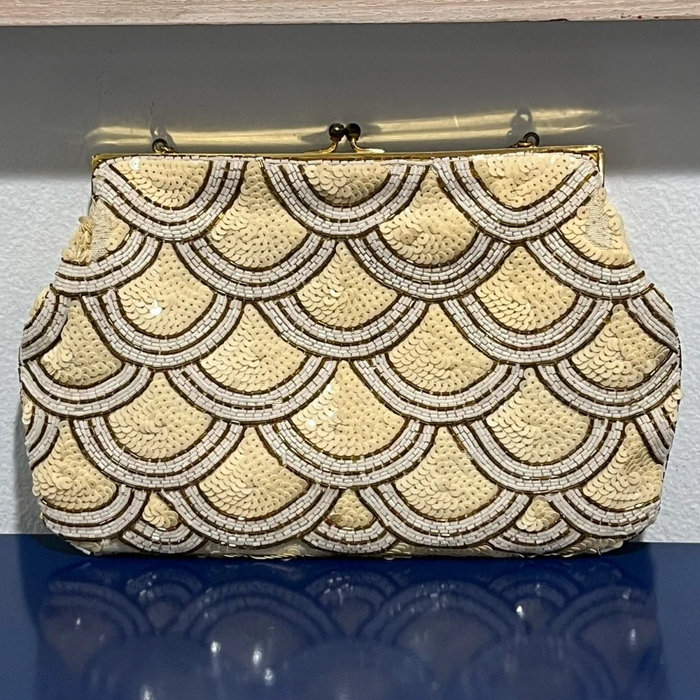 Bags By Josef Cream Jewel Bead Purse Evening Bag Clutch Vintage 50s 60s France